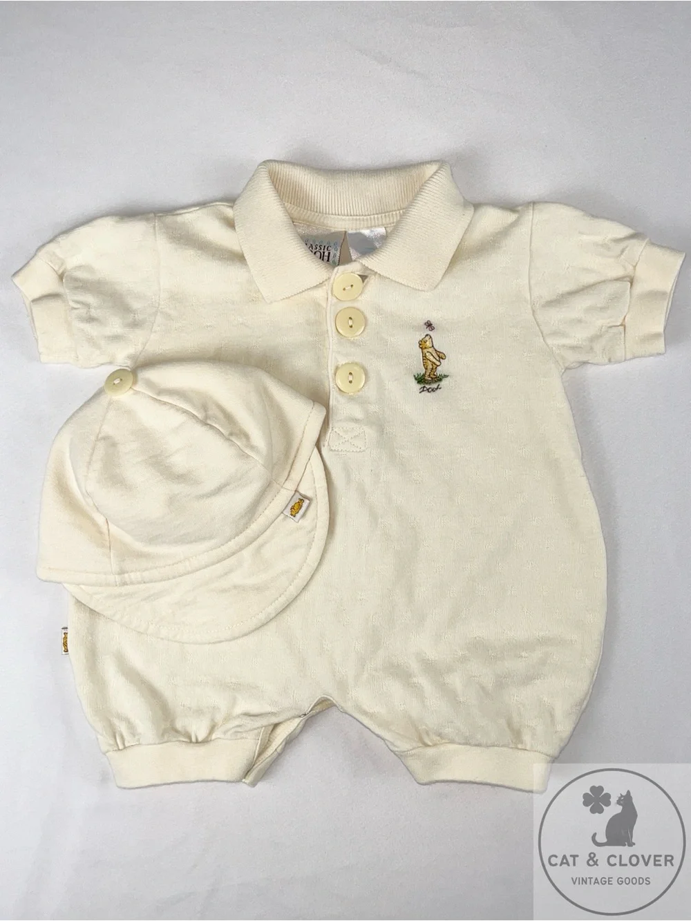 Classic Pooh Vintage Disney Heyman Corp Cream Embroidered Romper & Hat Set 3M
